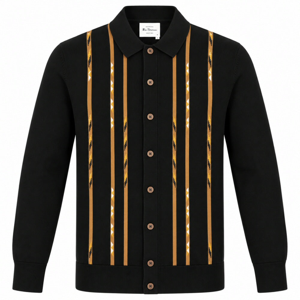 Ben Sherman Mofit Stripe Knit Button Thru Cardigan Black