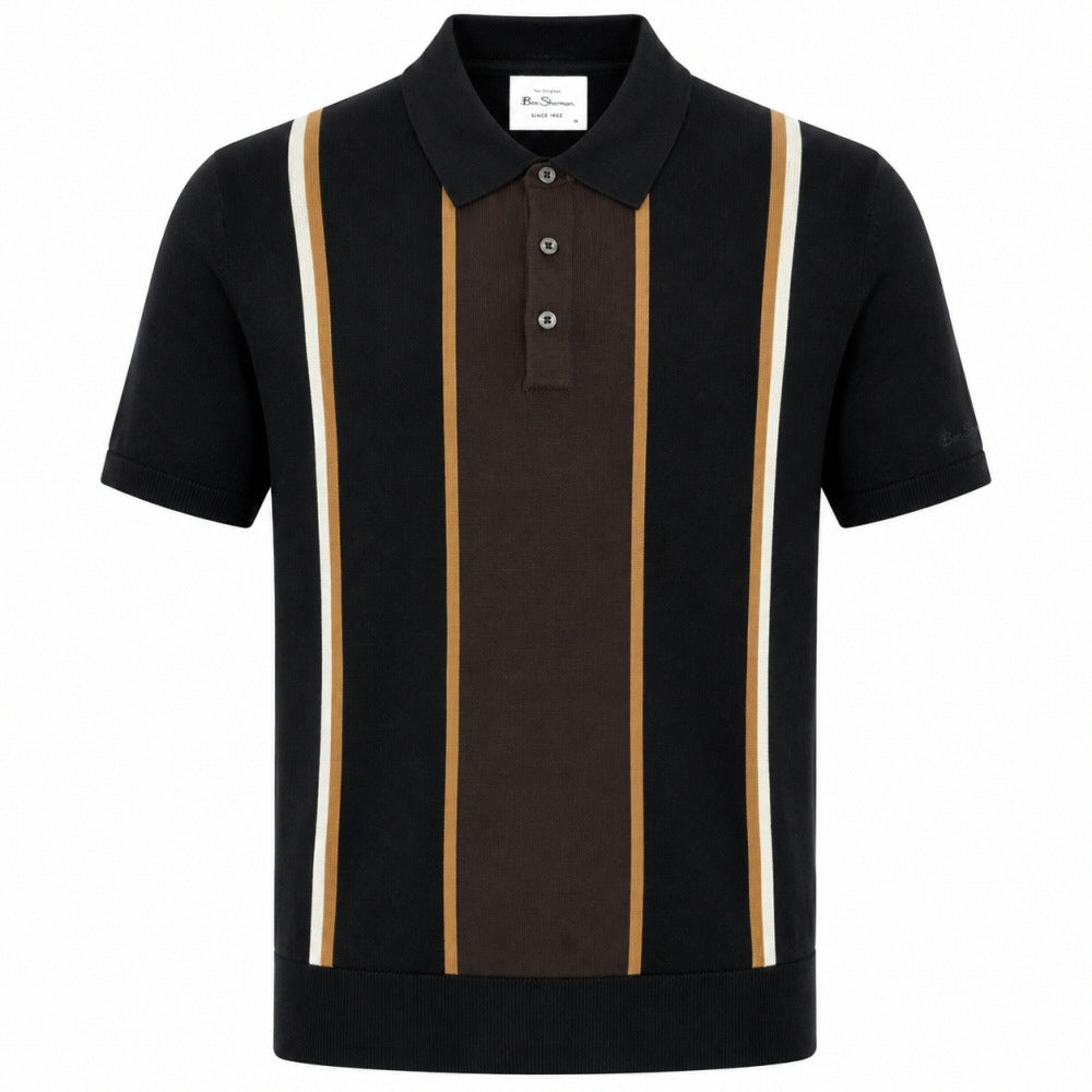 Ben Sherman Panel Stripe 3 Button Knit Polo Shirt Black