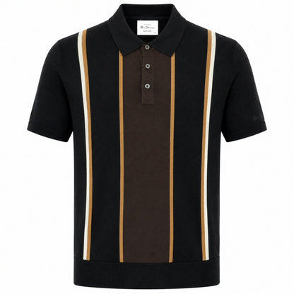 Ben Sherman Panel Stripe 3 Button Knit Polo Shirt Black
