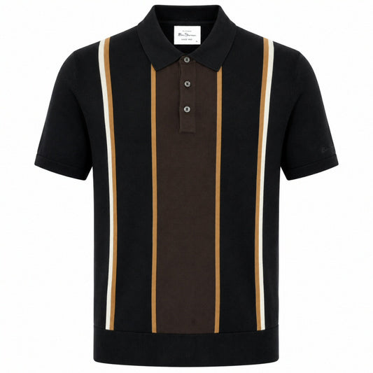 Ben Sherman Panel Stripe 3 Button Knit Polo Shirt Black