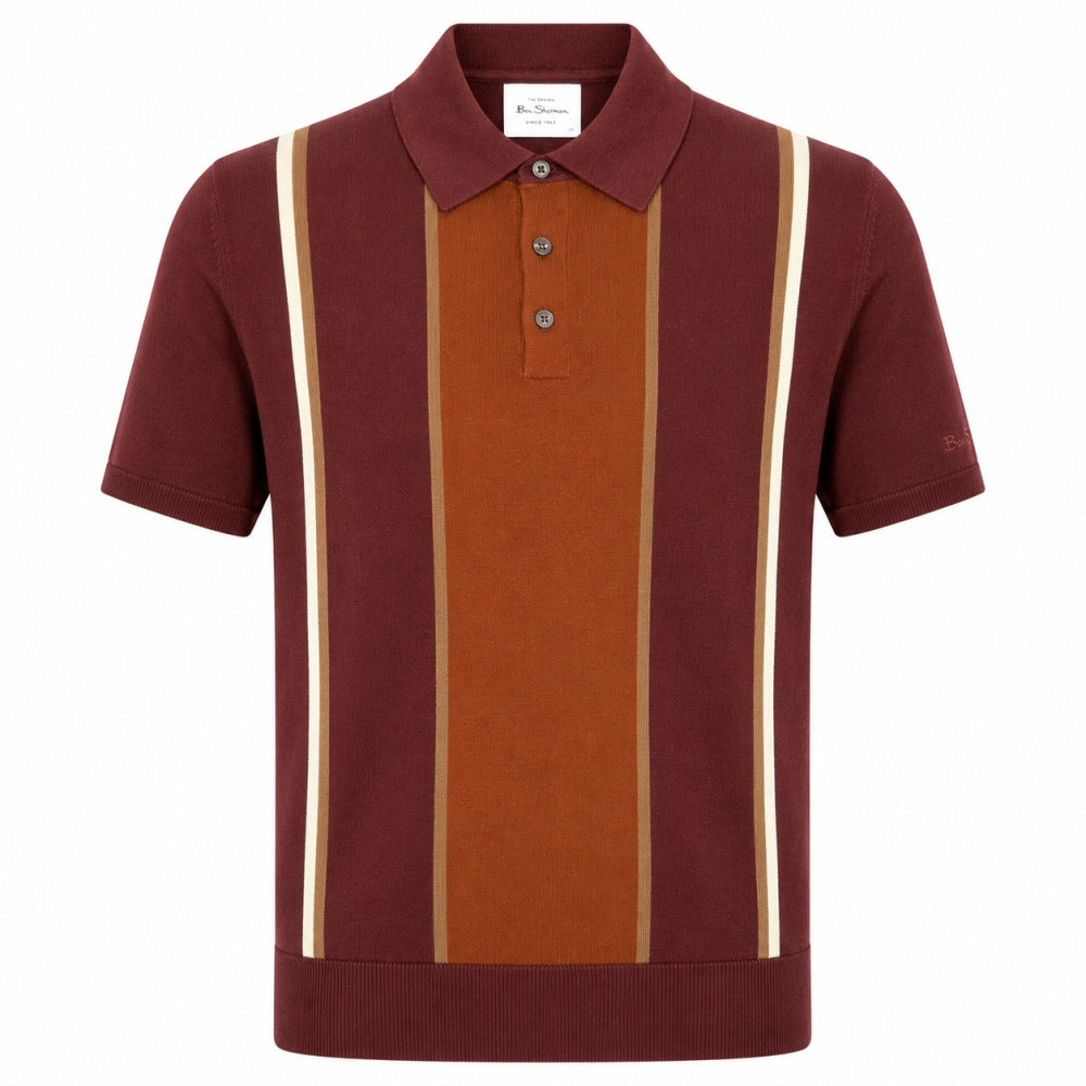 Ben Sherman Panel Stripe 3 Button Knit Polo Shirt Brick