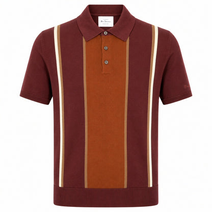 Ben Sherman Panel Stripe 3 Button Knit Polo Shirt Brick