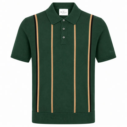 Ben Sherman Panel Stripe 3 Button Knit Polo Shirt Green