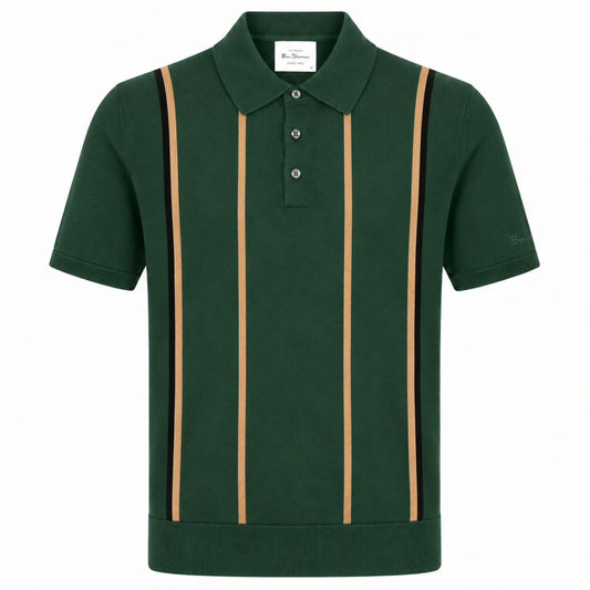 Ben Sherman Panel Stripe 3 Button Knit Polo Shirt Green