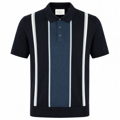Ben Sherman Panel Stripe 3 Button Knit Polo Shirt Navy