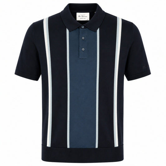 Ben Sherman Panel Stripe 3 Button Knit Polo Shirt Navy