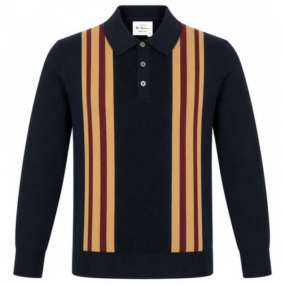 Ben Sherman Waffle Knit Stripe 3 Button Knit Polo Navy