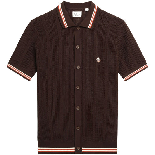 Ben Sherman Airtex Drop Stitch Knit Cardigan Brown