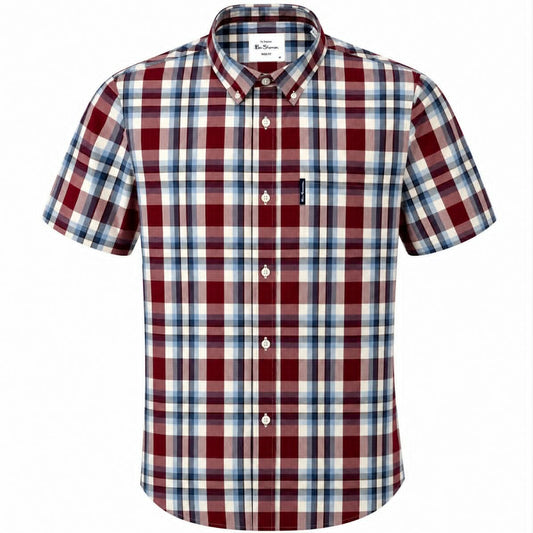 Ben Sherman Short Sleeve Oversize Check Shirt Wine Sky
