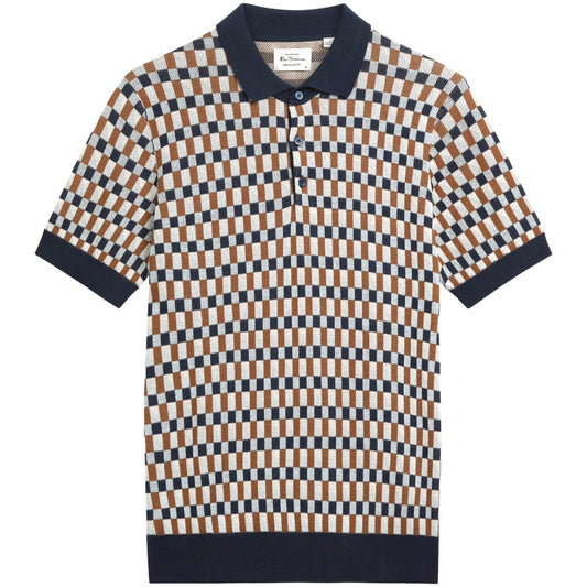 Ben Sherman Multi Checkerboard Knit Polo Shirt Navy Tan