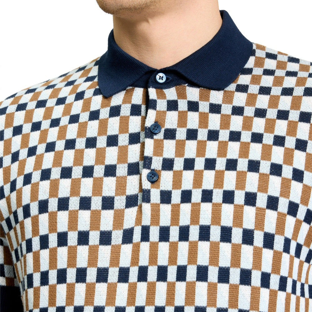Ben Sherman Multi Checkerboard Knit Polo Shirt Navy Tan
