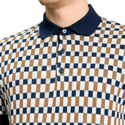 Ben Sherman Multi Checkerboard Knit Polo Shirt Navy Tan