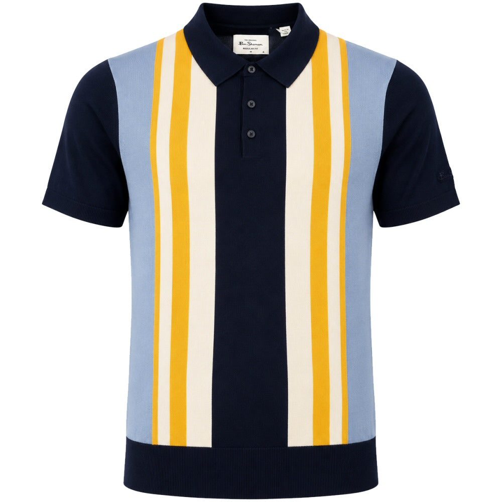 Ben Sherman Multi Stripe 3 Button Knit Polo Shirt Navy