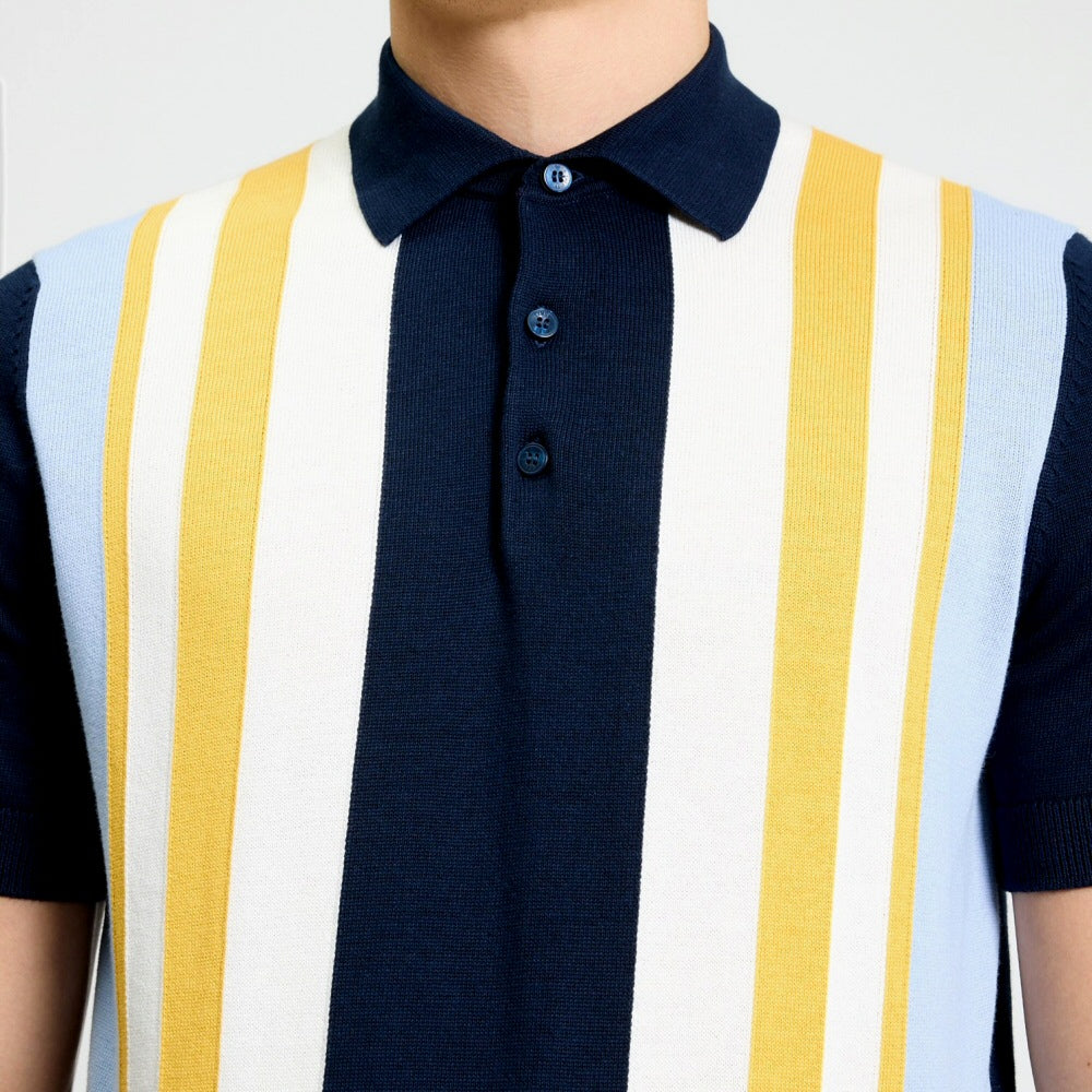 Ben Sherman Multi Stripe 3 Button Knit Polo Shirt Navy