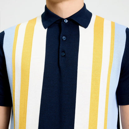 Ben Sherman Multi Stripe 3 Button Knit Polo Shirt Navy