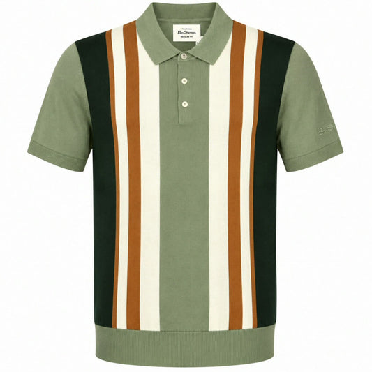 Ben Sherman Multi Stripe 3 Button Knit Polo Shirt Sage