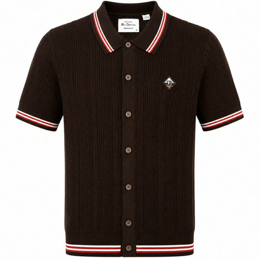 Ben Sherman Airtex Drop Stitch Knit Cardigan Brown