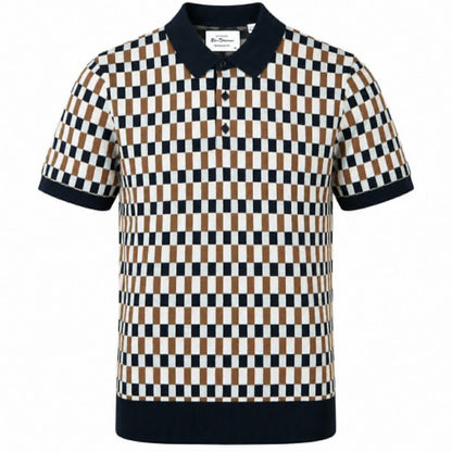 Ben Sherman Multi Checkerboard Knit Polo Shirt Navy Tan
