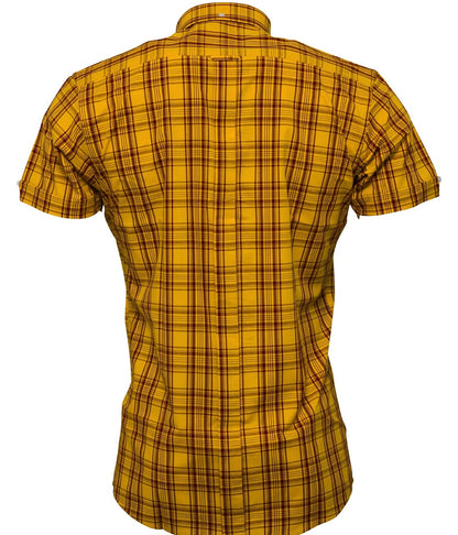 Relco Button Down Check Short Sleeve Shirt Mustard And Burgundy