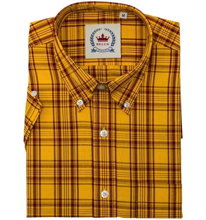 Relco Button Down Check Short Sleeve Shirt Mustard And Burgundy