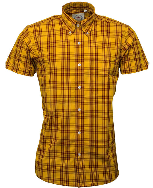 Relco Button Down Check Short Sleeve Shirt Mustard And Burgundy