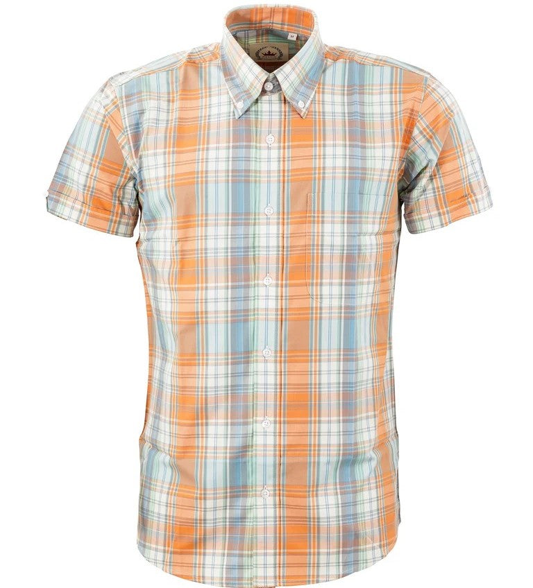 Relco Button Down Check Short Sleeve Shirt Orange / Blue