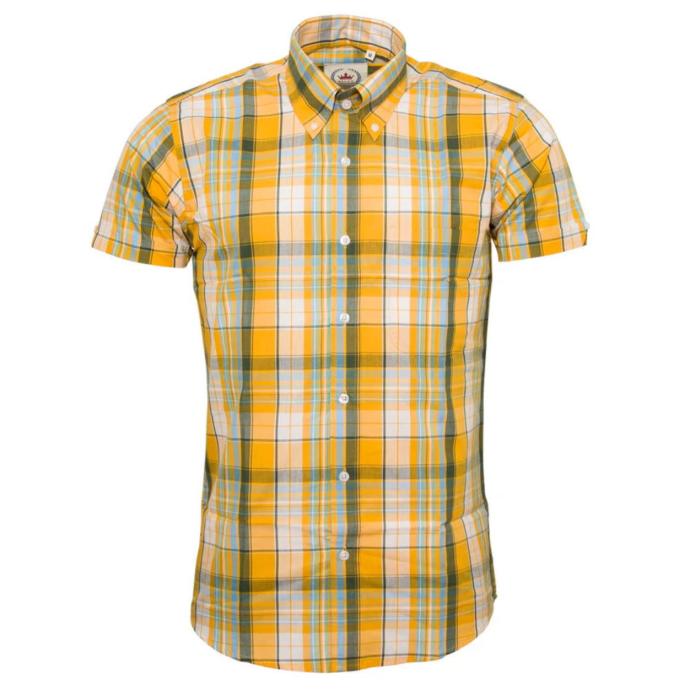 Relco Button Down Check Short Sleeve Shirt Yellow