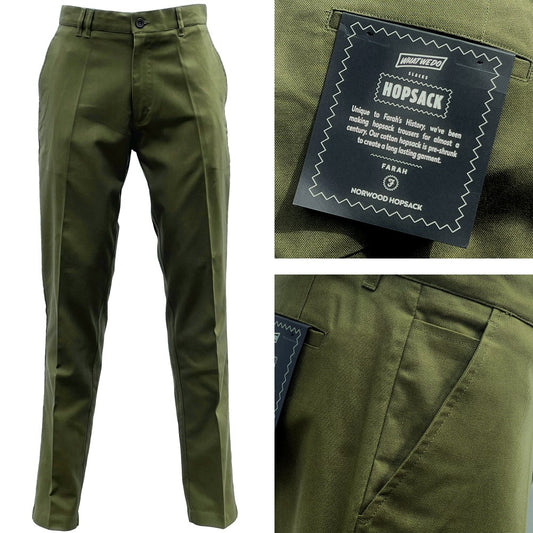 Farah Hopsack Cotton Straight Fit Trousers Olive