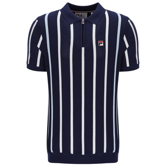 Fila Giorgio Zip Neck Mesh Stripe Knit Polo Navy Blue
