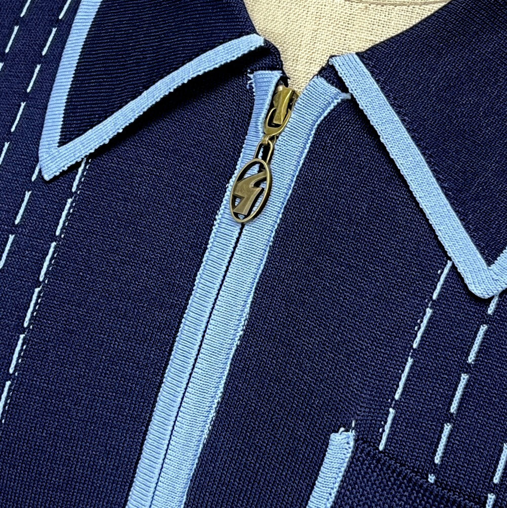 Gabicci Vintage Archive Darron Fine Gauge Zip Neck Polo Navy