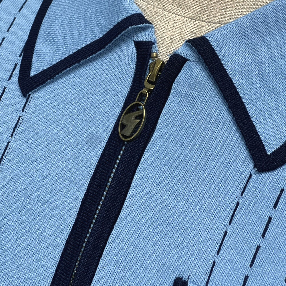 Gabicci Vintage Archive Darron Fine Gauge Zip Neck Polo Sky Blue