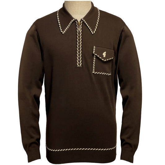 Gabicci Vintage Archive Kiki Pocket Fine Gauge Zip Neck Polo Chocolate