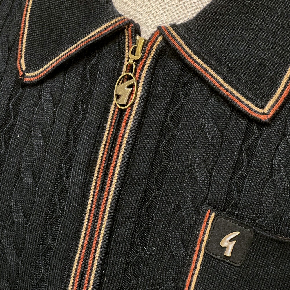 Gabicci Vintage Cable Knit Zip Through Tipped Cardi Black