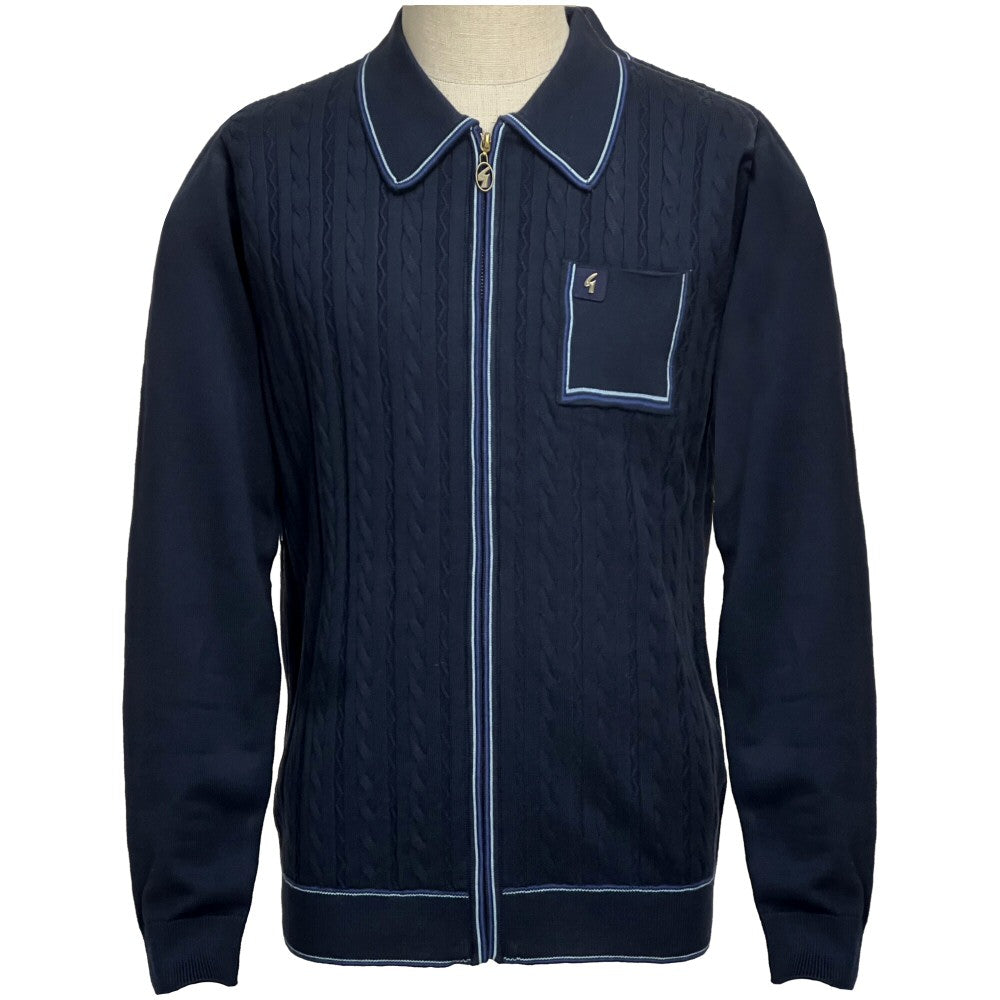 Gabicci Vintage Cable Knit Zip Through Tipped Cardi Navy
