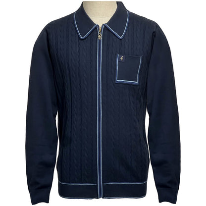 Gabicci Vintage Cable Knit Zip Through Tipped Cardi Navy