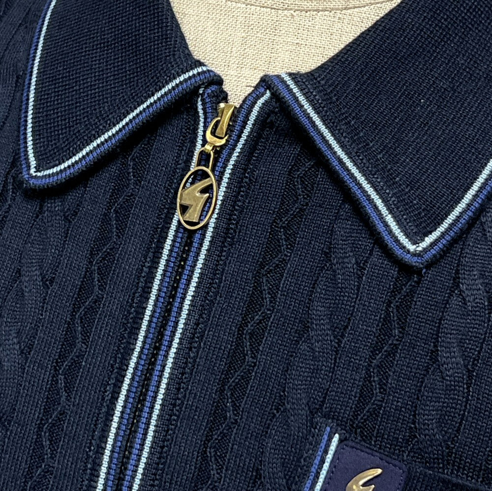 Gabicci Vintage Cable Knit Zip Through Tipped Cardi Navy