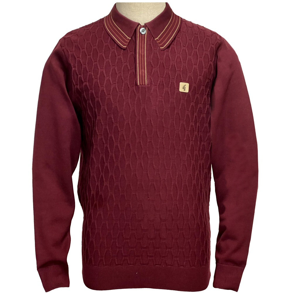Gabicci Vintage Raised Honeycomb Knit Tipped Polo Wine