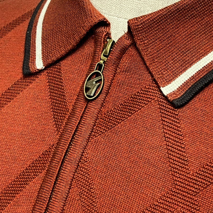 Gabicci Vintage Diamond Knit Zip Neck Tipped Polo Chestnut