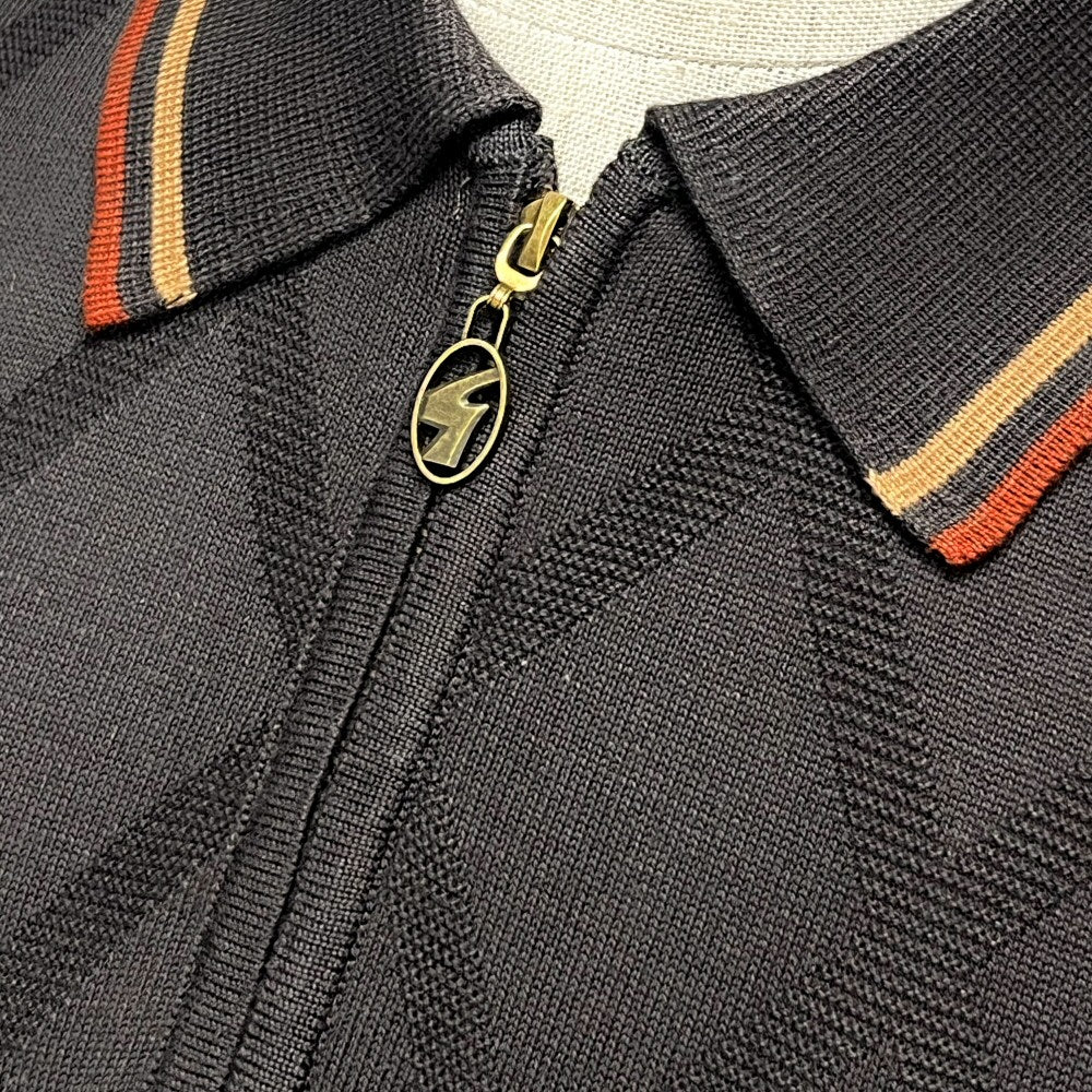 Gabicci Vintage Diamond Knit Zip Neck Tipped Polo Chocolate