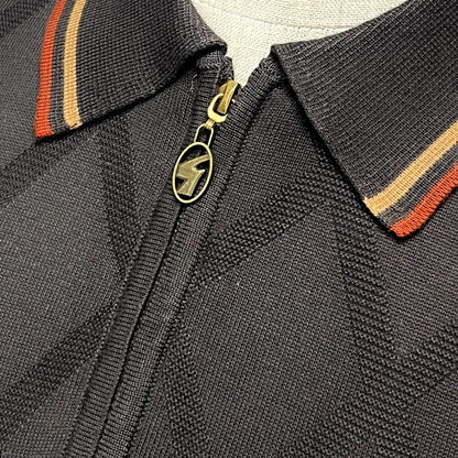 Gabicci Vintage Diamond Knit Zip Neck Tipped Polo Chocolate