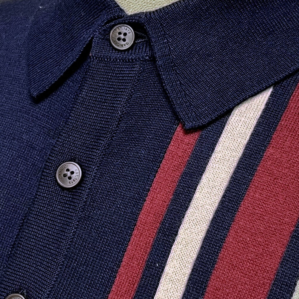 Gabicci Vintage Mod Racing Stripe 3 Button Knit Polo Navy