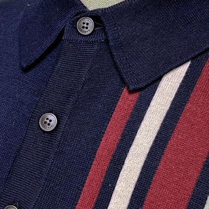 Gabicci Vintage Mod Racing Stripe 3 Button Knit Polo Navy