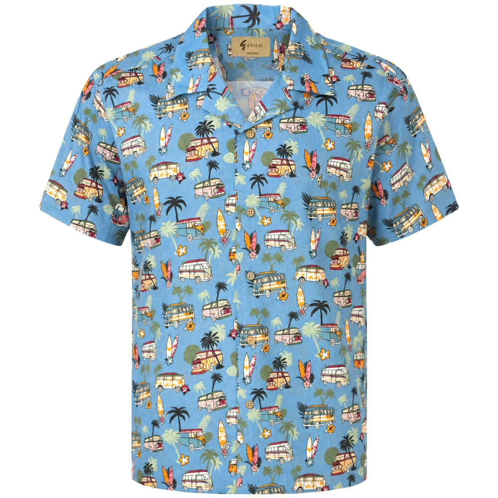 Gabicci Vintage Revere Collar Camper Van Print Shirt Blue