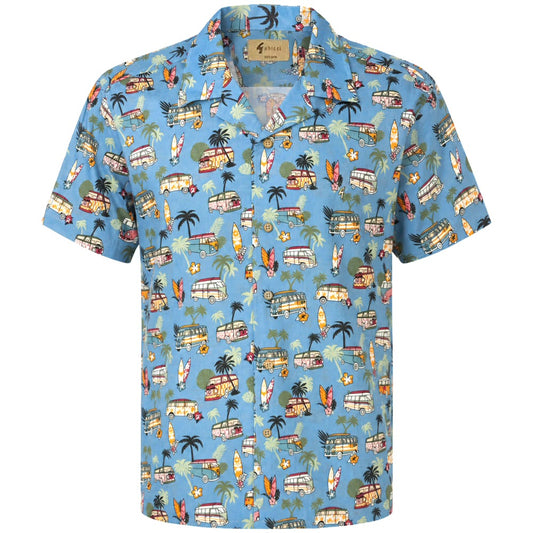 Gabicci Vintage Revere Collar Camper Van Print Shirt Blue