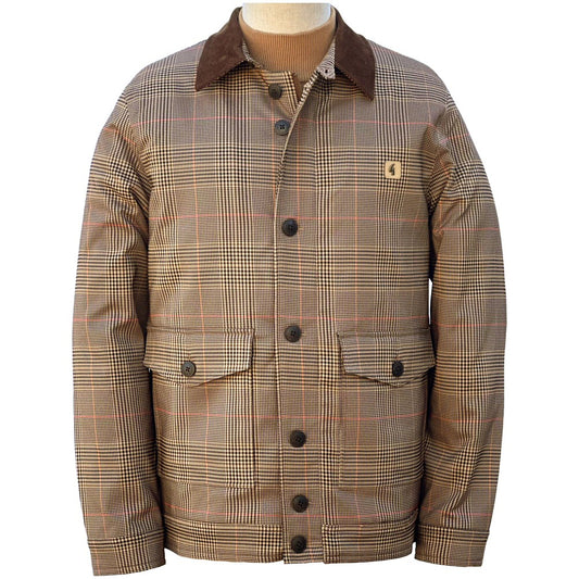 Gabicci Vintage Glen Plaid Corduroy Collar Car Coat Fawn