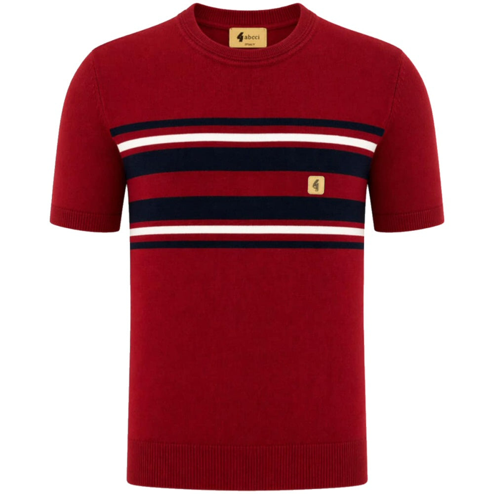 Gabicci Vintage Mod Chest Stripe Fine Gauge Crew Neck Burgundy