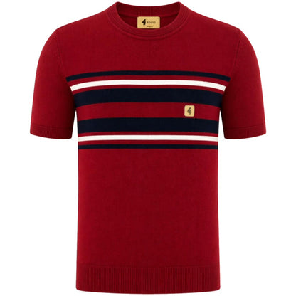 Gabicci Vintage Mod Chest Stripe Fine Gauge Crew Neck Burgundy