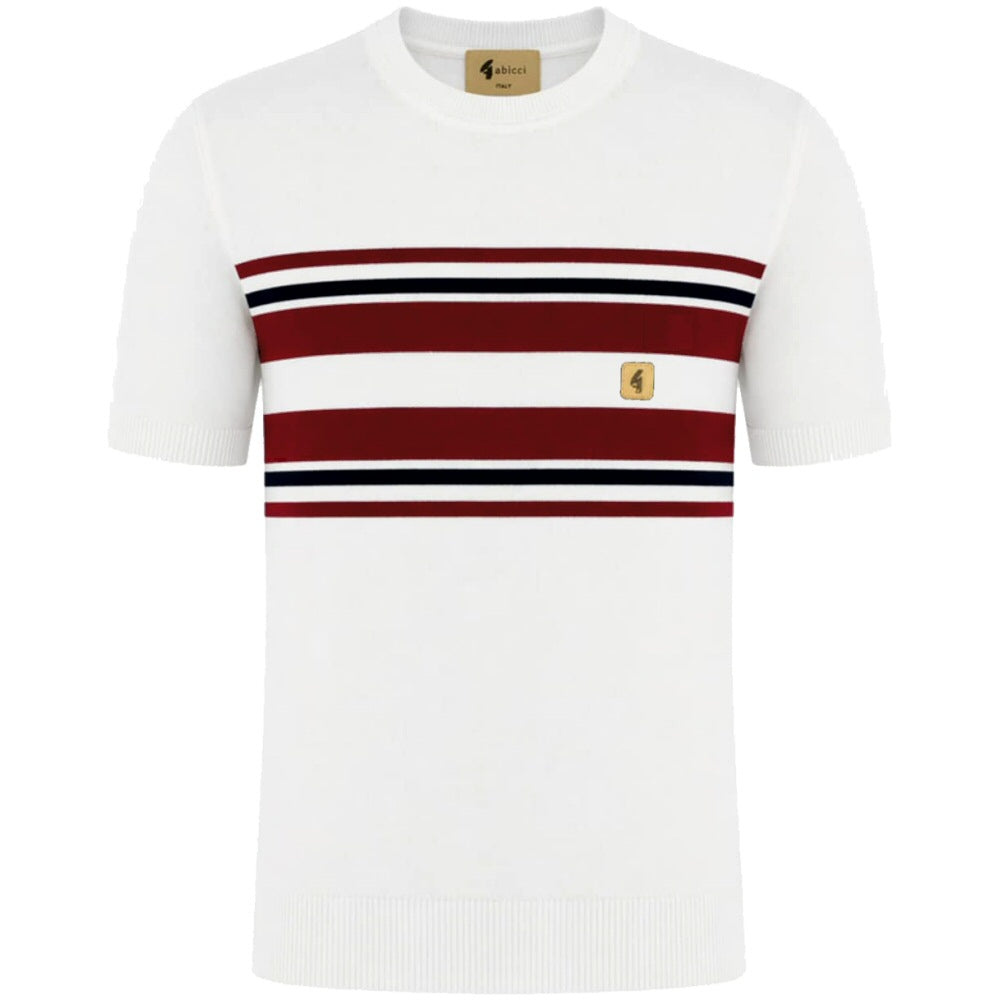 Gabicci Vintage Mod Chest Stripe Fine Gauge Crew Neck White