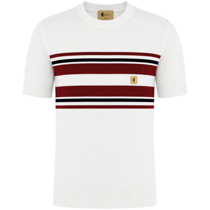 Gabicci Vintage Mod Chest Stripe Fine Gauge Crew Neck White