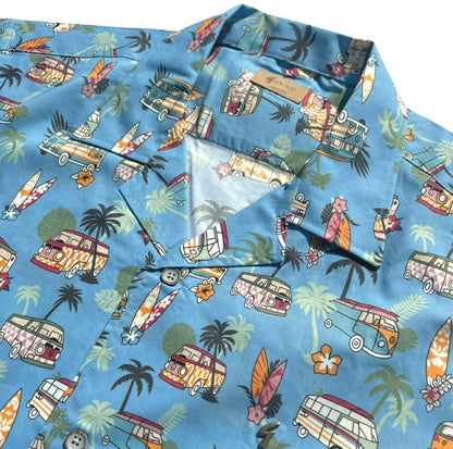 Gabicci Vintage Revere Collar Camper Van Print Shirt Blue